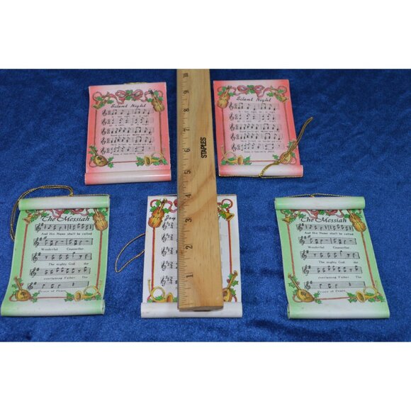 Christmas Music Sheet Scroll Ornaments Holiday Set of 5 Reversible Vintage - Picture 4 of 7
